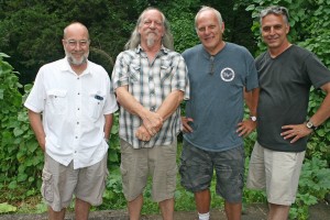 It's a wrap: Our crew after interviewing Ozark Mountain Daredevil Michael "Supe" Granda for the Springfield, Mo. music project. L to R: Tom Vlodek, director; Supe (who reminds us of The Earl of Old Town) writer-producer Dave Hoekstra, Rene' Greblo, sound technician (July 14, 2015 at Supe's house in Nashville, Tn.) 